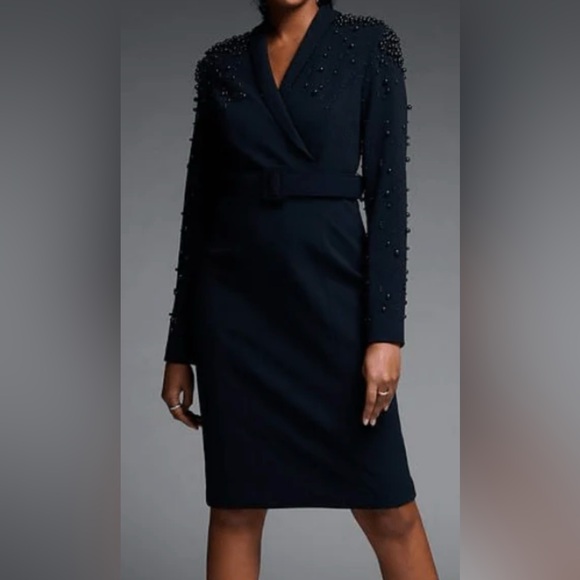JOSEPH RIBKOFF MIDNIGHT BLUE EMBELLISHED BELTED DRESS - Picture 2 of 4